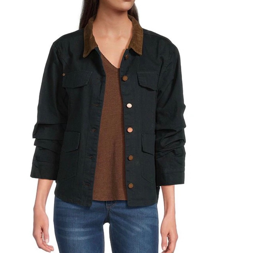 Democracy Womens Blue/Black Utility Jacket Corduroy Collar Ruffle Sleeve PS